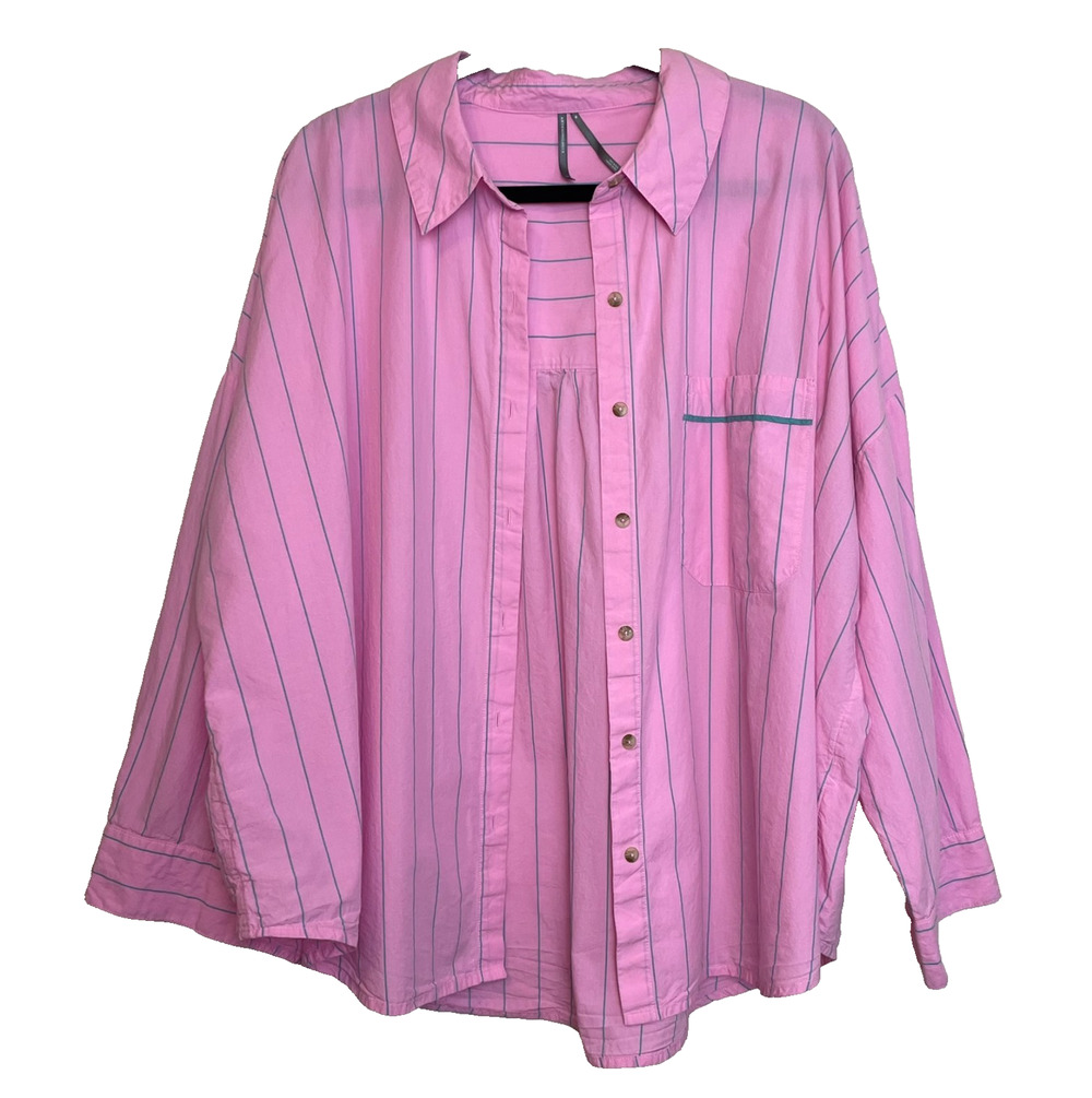 Anthropologie Oversized Pink Blue Pinstriped Cotton Button Down Shirt Sz Medium